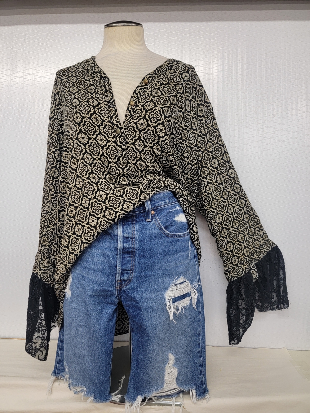 Bohemian V-Neck Tunic Blouse with Lace Cuffs - Upcycled
